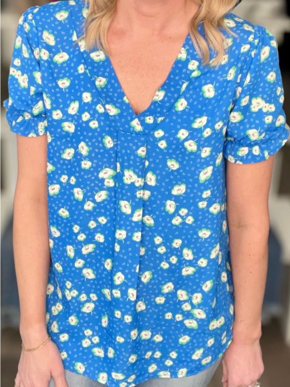 7th Ray Blue Floral Scoop Neck Top